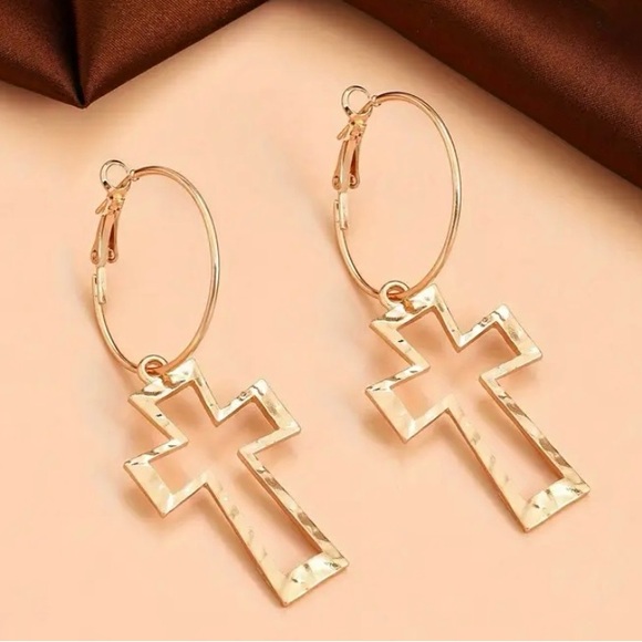 Gold Cross Hoop Earrings - Women's Jewelry. Made with zinc allow - Picture 2 of 2